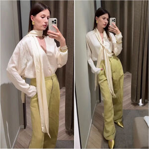 Massimo Dutti Flowing Blouse With Tie Ivory Satin Top NWT Size M